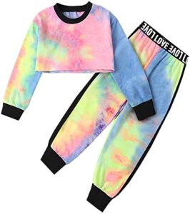 girls cropped sweatsuit pants outfit set, tie-dye pullover crop sweatshirt tops + sweat jogging pants 2 pieces clothes set, multicolored, 7-8 years = tag 140