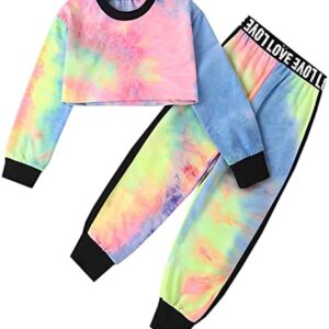 Girls Cropped Sweatsuit Pants Outfit Set, Tie-Dye Pullover Crop Sweatshirt Tops + Sweat Jogging Pants 2 Pieces Clothes Set, Multicolored, 7-8 Years = Tag 140