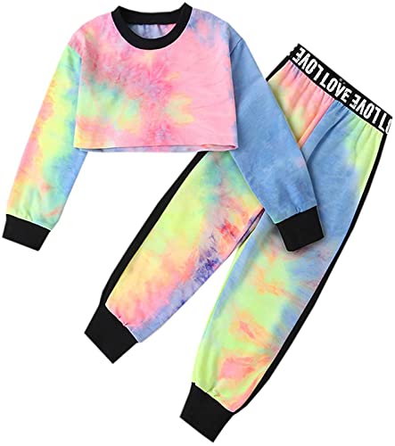 Girls Cropped Sweatsuit Pants Outfit Set, Tie-Dye Pullover Crop Sweatshirt Tops + Sweat Jogging Pants 2 Pieces Clothes Set, Multicolored, 7-8 Years = Tag 140