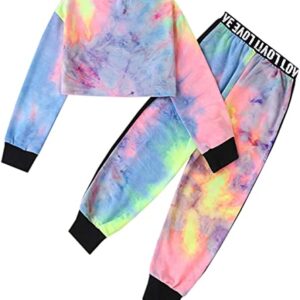 Girls Cropped Sweatsuit Pants Outfit Set, Tie-Dye Pullover Crop Sweatshirt Tops + Sweat Jogging Pants 2 Pieces Clothes Set, Multicolored, 7-8 Years = Tag 140