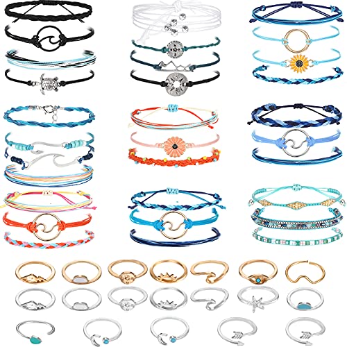 Hicarer 31 Pieces Surfer Strand Wave Bracelet Adjustable Waterproof Handmade Friendship Wax Wrap Bracelet Anklet Sunflower Braided Beach Bracelet for Teen Girl 19 Star Moon Knuckle Ring (Chic Style)