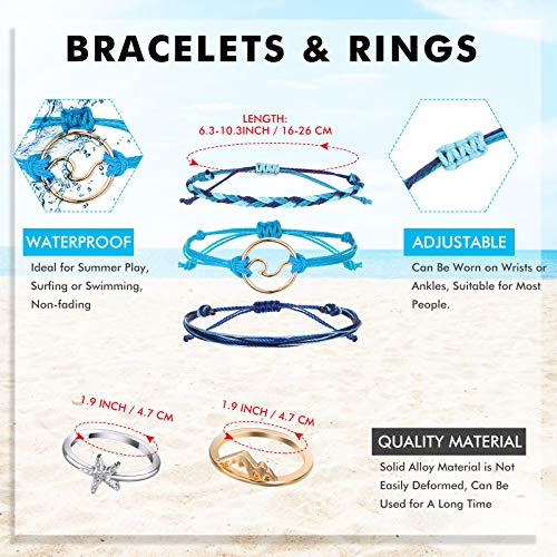 Hicarer 31 Pieces Surfer Strand Wave Bracelet Adjustable Waterproof Handmade Friendship Wax Wrap Bracelet Anklet Sunflower Braided Beach Bracelet for Teen Girl 19 Star Moon Knuckle Ring (Chic Style)