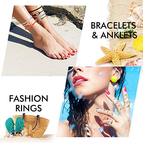 Hicarer 31 Pieces Surfer Strand Wave Bracelet Adjustable Waterproof Handmade Friendship Wax Wrap Bracelet Anklet Sunflower Braided Beach Bracelet for Teen Girl 19 Star Moon Knuckle Ring (Chic Style)