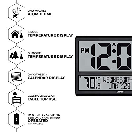 SHARP Atomic Clock - Never Needs Setting! –Easy to Read Numbers - Indoor/Outdoor Temperature, Wireless Outdoor Sensor - Battery Powered - Easy Set-Up!! (4" Numbers)