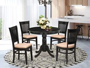 east west furniture anva5-blk-c 5 piece dining room furniture set includes a round dining table with pedestal and 4 linen fabric upholstered chairs, 36x36 inch, black