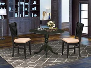 east west furniture dlva3-blk-c dublin 3 piece kitchen set for small spaces contains a round dining room table with dropleaf and 2 linen fabric upholstered chairs, 42x42 inch, black
