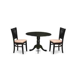 East West Furniture DLVA3-BLK-C Dublin 3 Piece Kitchen Set for Small Spaces Contains a Round Dining Room Table with Dropleaf and 2 Linen Fabric Upholstered Chairs, 42x42 Inch, Black