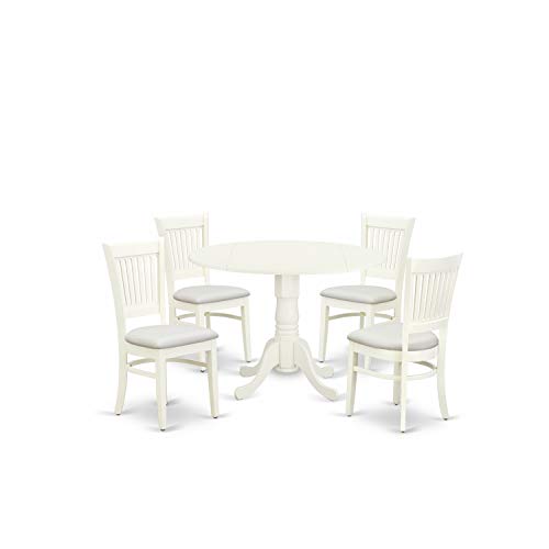 East West Furniture DLVA5-LWH-C Dublin 5 Piece Set for 4 Includes a Round Table with Dropleaf and 4 Fabric Kitchen Dining Chairs, 42x42 Inch, Linen White