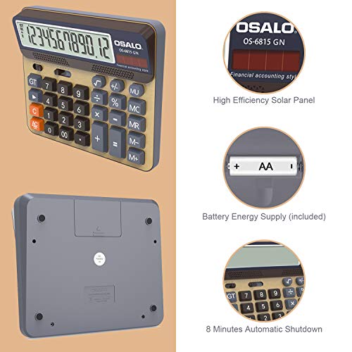 Desktop Calculator Extra Large 5-Inch LCD Display 12-Digit Big Number Accounting Calculator with Giant Response Button, Battery & Solar Powered, Perfect for Office Business Home Daily Use(OS-6815GN)