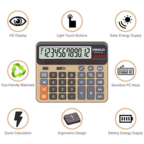 Desktop Calculator Extra Large 5-Inch LCD Display 12-Digit Big Number Accounting Calculator with Giant Response Button, Battery & Solar Powered, Perfect for Office Business Home Daily Use(OS-6815GN)