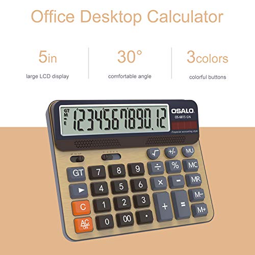 Desktop Calculator Extra Large 5-Inch LCD Display 12-Digit Big Number Accounting Calculator with Giant Response Button, Battery & Solar Powered, Perfect for Office Business Home Daily Use(OS-6815GN)
