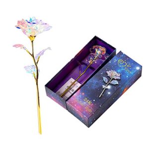 rainbow rose flower 24k golden foil rose colorful rose artificial flower with box for valentine's day, mother's day (multicolor)