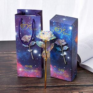 Rainbow Rose Flower 24K Golden Foil Rose Colorful Rose Artificial Flower with Box for Valentine's Day, Mother's Day (Multicolor)