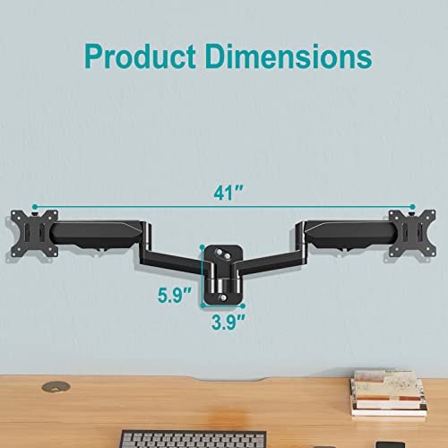 MOUNT PRO Dual Monitor Wall Mount for 13 to 32 Inch Computer Screens, Gas Spring Arm for 2 Monitors, Each Holds Up to 17.6lbs, Full Motion Wall Monitor Mount with VESA 75x75/100x100