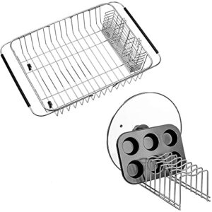 Dish Drying Rack with Stainless Steel Utensil Holder Large Dish Rack Drainer Lid Organizer Plate Drying Rack, Lid Holder Kitchen Pot Lid Rack Holder