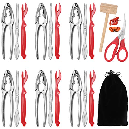 21 Pcs Crab Crackers and Tools, Seafood Tools Sets-6 Crab Crackers, 6 Red Forks, 6 Stainless Steel Lobster Shell Forks, 1 Seafood Scissors, 1 Lobster Crab Mallets and 1 Storage Bag