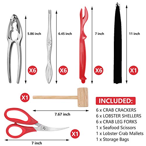 21 Pcs Crab Crackers and Tools, Seafood Tools Sets-6 Crab Crackers, 6 Red Forks, 6 Stainless Steel Lobster Shell Forks, 1 Seafood Scissors, 1 Lobster Crab Mallets and 1 Storage Bag