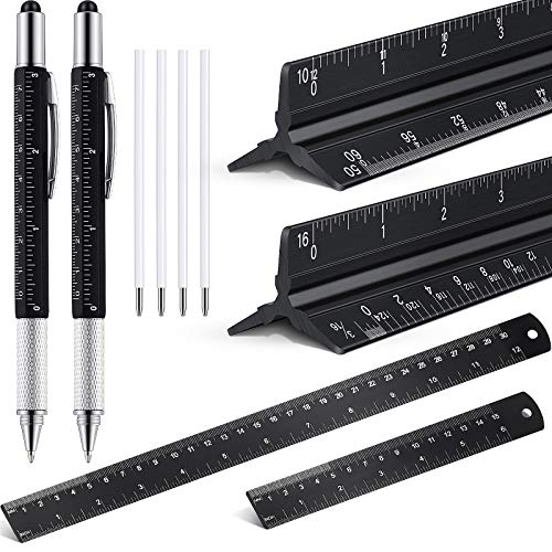 10 Pieces 12 Inch Architectural Scale Ruler Aluminum Architect Scale Triangular Engineering Ruler Scale with 6 in 1 Multitool Pen Ballpoint Pen for Architects, Students, Draftsman, and Engineers