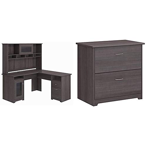 Bush Furniture Cabot L Shaped Desk with Hutch in Heather Gray & Furniture Cabot 2 Drawer Lateral File Cabinet, Heather Gray