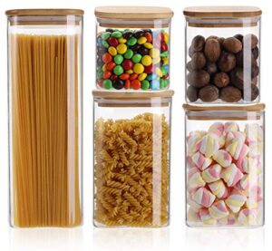 yesland 5 sizes square borosilicate glass canister with sealed bamboo lids, large air tight glass storage canister and stackable clear glass jar set for candy, cookie, rice, sugar, flour, pasta, nuts