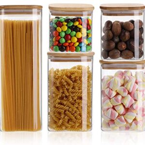 Yesland 5 Sizes Square Borosilicate Glass Canister with Sealed Bamboo Lids, Large Air Tight Glass Storage Canister and Stackable Clear Glass Jar Set for Candy, Cookie, Rice, Sugar, Flour, Pasta, Nuts