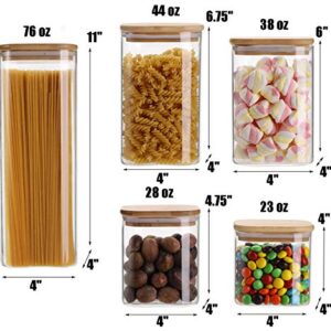 Yesland 5 Sizes Square Borosilicate Glass Canister with Sealed Bamboo Lids, Large Air Tight Glass Storage Canister and Stackable Clear Glass Jar Set for Candy, Cookie, Rice, Sugar, Flour, Pasta, Nuts