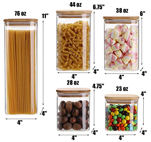 Yesland 5 Sizes Square Borosilicate Glass Canister with Sealed Bamboo Lids, Large Air Tight Glass Storage Canister and Stackable Clear Glass Jar Set for Candy, Cookie, Rice, Sugar, Flour, Pasta, Nuts