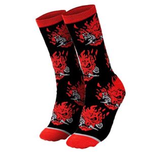 jinx cyberpunk 2077 demon scatter embroidered athletic crew socks, black/red, 1 pair