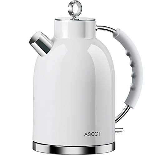 Electric Kettle,ASCOT Electric Kttle Stainless Steel Tea Kettle Fast Boiling Water Heater 1.6L, 1500W, BPA-Free, Cordless, Automatic Shutoff, Boil-Dry Protection，White