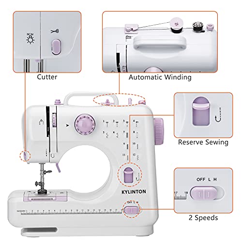 Kylinton Beginners Mini Sewing Machine for Kids, Electric Small Sewing Machine with Foot Pedal, 12 Stitches, High-Low Speeds, Automatic Winding for Cloth Girls Adults