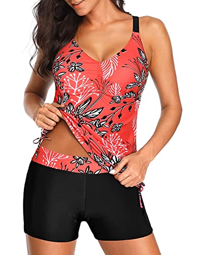 Tempt Me Two Piece Tankini Swimsuits for Women Tummy Control Bathing Suit with Shorts Athletic Swimwear Coral XL