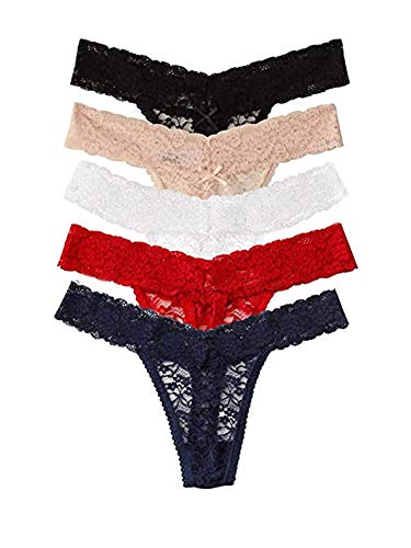 ZBORH Women's Sexy Lace Cheeky Thong Underwear Nylon Hipster See Through Panties Pack of 5(Large) Multicolor