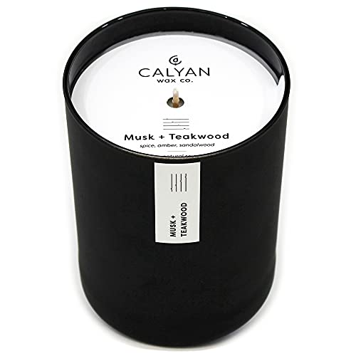 Calyan Wax Soy Wax Candle, Musk & Teakwood Scented Candle for The Home | Premium Candle with Essential Oils | 10.2 oz 75 Hour Burn Time | Soy Candle in Matte Black Jar, Gift for Men