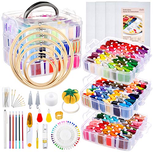 Caydo 313 PCS Box Embroidery Kit with Organizer, 216 Color Threads, 4 Aida Cloth, 6 Embroidery Hoops, Cross Stitch Tools and Instructions for Adults Beginners Christmas Gift