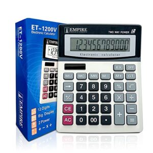 empire desk calculator with large key buttons, 12 digits, large eye-angled display, solar and battery powered for home and office (battery included)