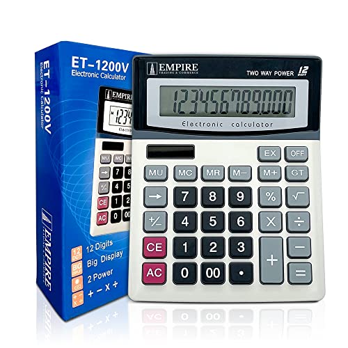 Empire Desk Calculator with Large Key Buttons, 12 Digits, Large Eye-Angled Display, Solar and Battery Powered for Home and Office (Battery Included)