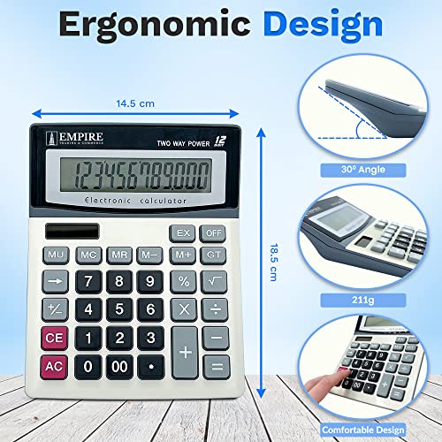 Empire Desk Calculator with Large Key Buttons, 12 Digits, Large Eye-Angled Display, Solar and Battery Powered for Home and Office (Battery Included)