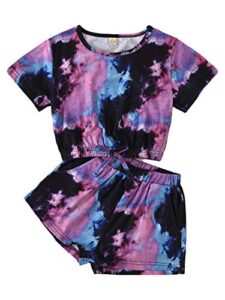 little girls summer clothes tie-dye print round collar short sleeve pullover top+elastic waist shorts 2pcs set outfits (purple, 8-9 years)