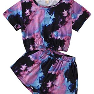 Little Girls Summer Clothes Tie-Dye Print Round Collar Short Sleeve Pullover Top+Elastic Waist Shorts 2Pcs Set Outfits (Purple, 8-9 Years)