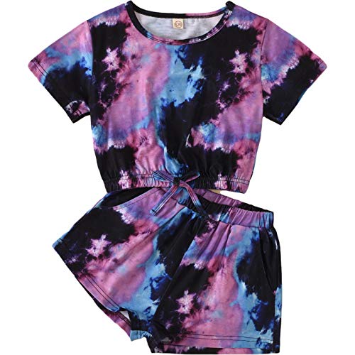 Little Girls Summer Clothes Tie-Dye Print Round Collar Short Sleeve Pullover Top+Elastic Waist Shorts 2Pcs Set Outfits (Purple, 8-9 Years)