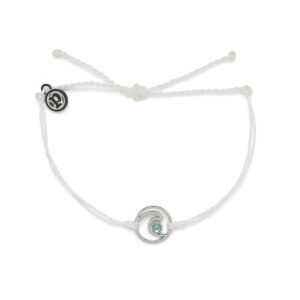 pura vida silver shimmering wave bracelet - 100% waterproof, adjustable band - plated brand charm, white