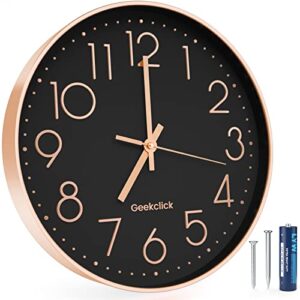 geekclick 12" wall clock [battery included], silent & large wall clocks for living room/office/home/kitchen decor, modern style & easy to read - rose gold &black