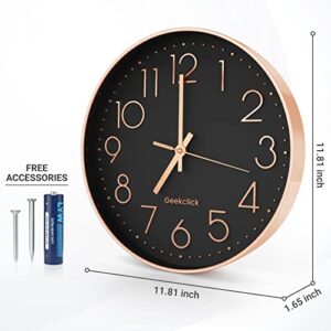 Geekclick 12" Wall Clock [Battery Included], Silent & Large Wall Clocks for Living Room/Office/Home/Kitchen Decor, Modern Style & Easy to Read - Rose Gold &Black