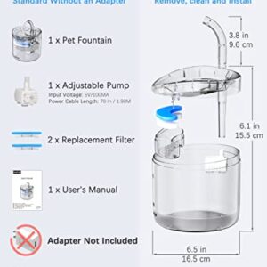 HAPUP Cat Water Fountain Animal Water Dispenser 61OZ/1.8L Automatic Pet Drinking Fountain Clear Upgrade with 2 Filter Replacement 1 Adjustable Silent 1 Water Pump for Cats Kitty Indoor