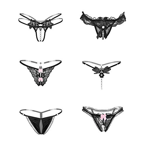 Nightaste Womens Black Lace Thong Panties 6-Pack Cute Lingerie G-string Underwear (Small, 6 Black)