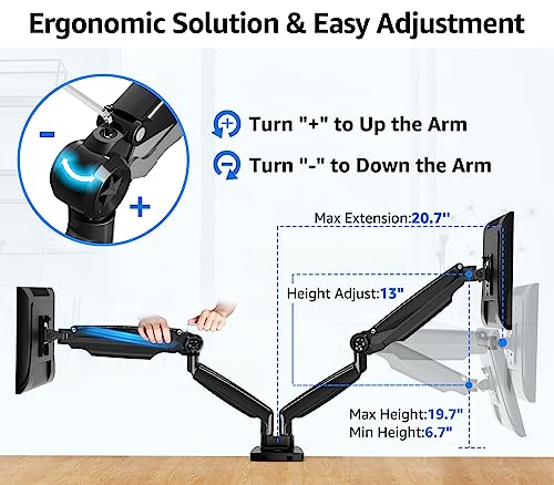 MOUNTUP Ultrawide Dual Monitor Arm for Max 35 Inch Screen, Support 4.4-30.9 lbs Heavy Duty Monitor Desk Mount, Gas Spring Computer Monitor Stand Holder, VESA Bracket with Clamp/Grommet Base, Black