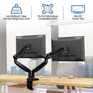 MOUNTUP Ultrawide Dual Monitor Arm for Max 35 Inch Screen, Support 4.4-30.9 lbs Heavy Duty Monitor Desk Mount, Gas Spring Computer Monitor Stand Holder, VESA Bracket with Clamp/Grommet Base, Black