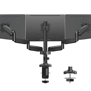 mountup triple monitor mount, 3 monitor stand desk arm for max 32 inch computer screens, max extension 64.5" gas spring triple monitor holder support 2.2-17.6lbs, vesa bracket with clamp/grommet base