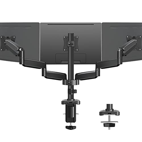 MOUNTUP Triple Monitor Mount, 3 Monitor Stand Desk Arm for Max 32 Inch Computer Screens, Max Extension 64.5" Gas Spring Triple Monitor Holder Support 2.2-17.6lbs, VESA Bracket with Clamp/Grommet Base