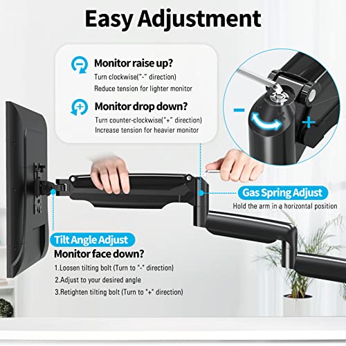 MOUNTUP Triple Monitor Mount, 3 Monitor Stand Desk Arm for Max 32 Inch Computer Screens, Max Extension 64.5" Gas Spring Triple Monitor Holder Support 2.2-17.6lbs, VESA Bracket with Clamp/Grommet Base